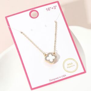 White Gold Rhinestone Crystal Trim Quatrefoil Clover Chain 0.5 Pendant Necklace